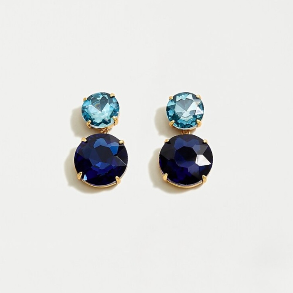 Blue Crystal Drop Stud Earrings - Gold Setting
